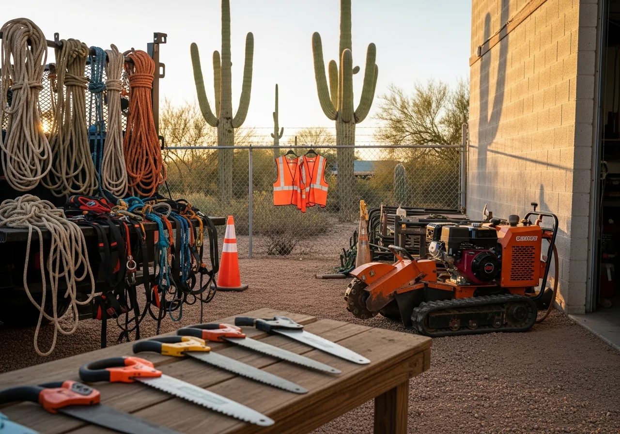 Arborist crew with professional tree-trimming equipment and safety gear ready for service.