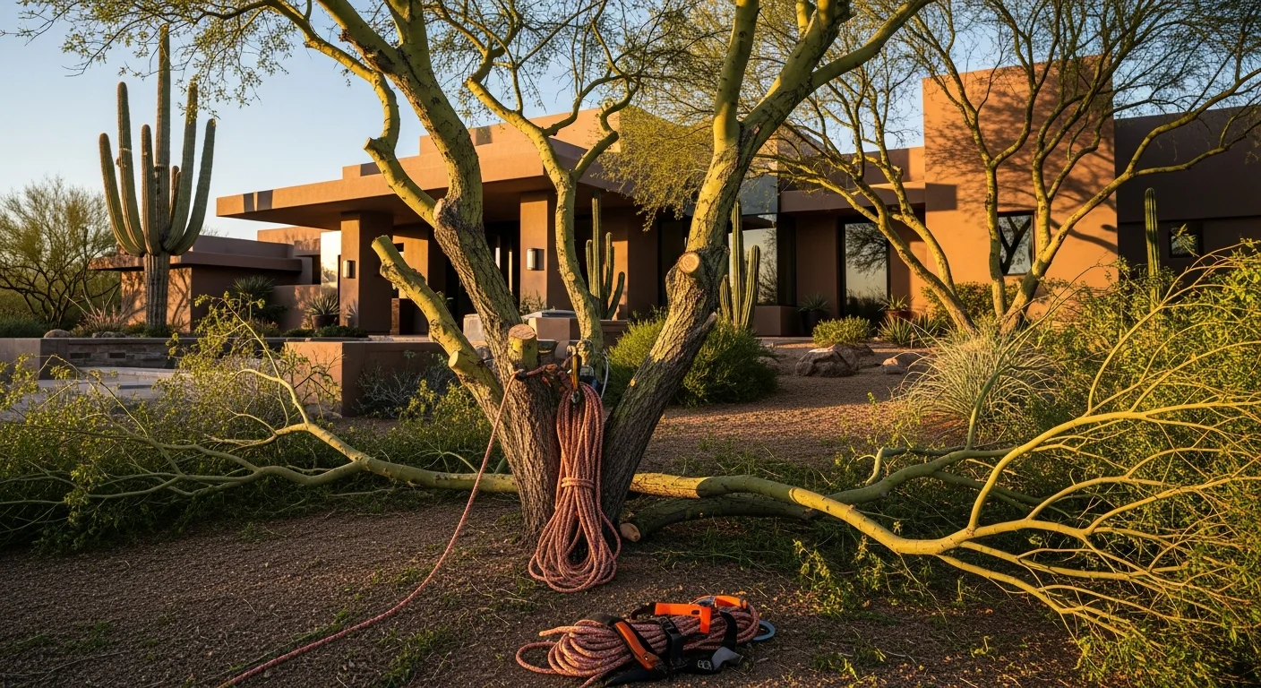Luxury Scottsdale home with manicured desert landscaping and modern architectural details in afternoon light.