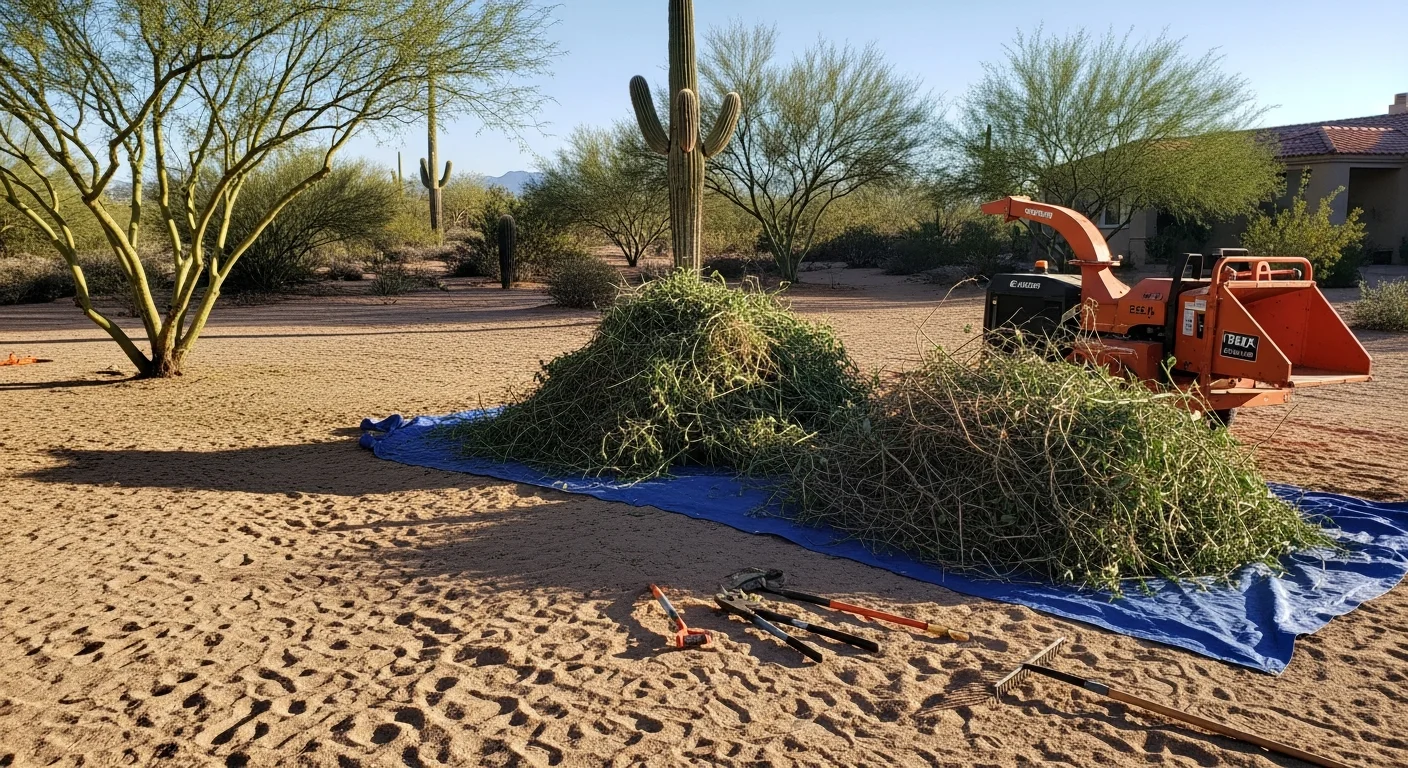 A cleared Scottsdale, AZ residential yard after professional brush removal, showing open desert-facing property with dry scrub and invasive vegetation removed from around the home's perimeter. Greenway Tree Services, LLC crew working to haul debris from a Scottsdale property near open desert land.