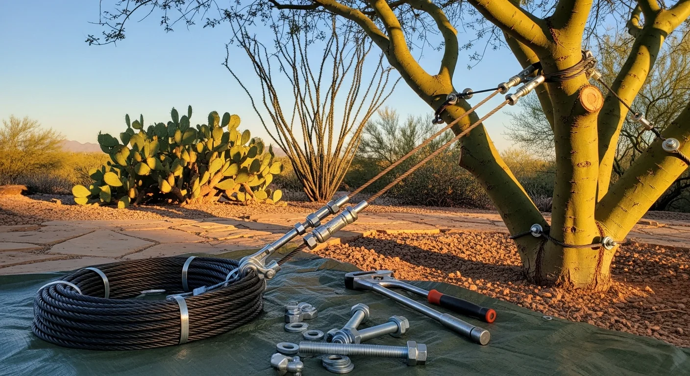 A mature shade tree in a Scottsdale AZ residential yard with steel support cables installed high in the canopy above a covered patio. An arborist from Greenway Tree Services inspects the cable hardware at the branch union.