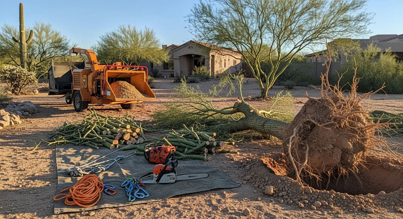 A large uprooted mesquite tree lying across a residential backyard in Scottsdale, AZ, with a Greenway Tree Services crew using rigging equipment to section and remove the trunk. The desert landscape and tile-roofed home are visible in the background.