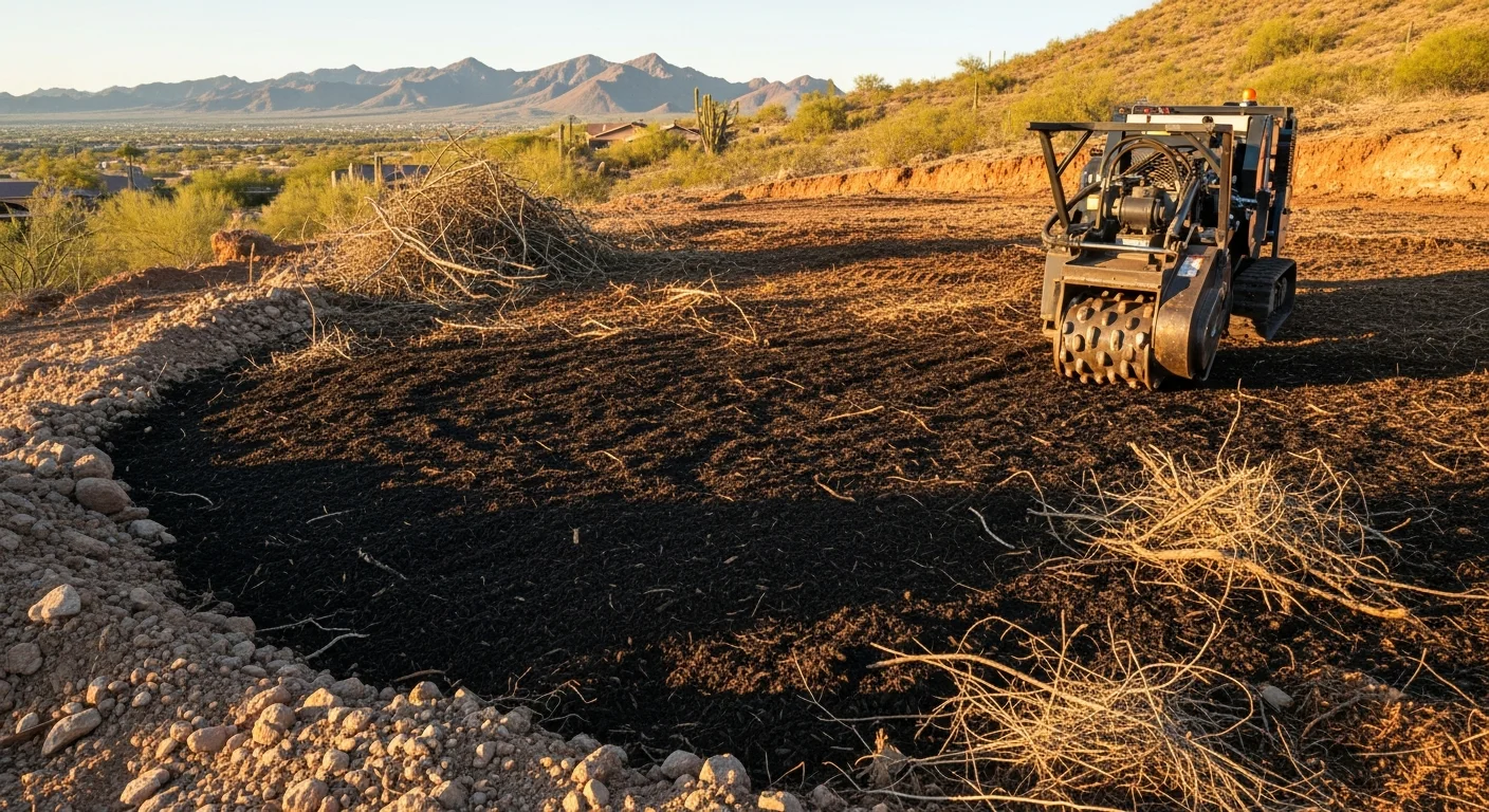 A Scottsdale, AZ desert lot after forestry mulching, showing cleared brush and a uniform layer of wood chip mulch spread across rocky, sandy soil. Sparse native desert vegetation remains standing at the edges of the cleared area.