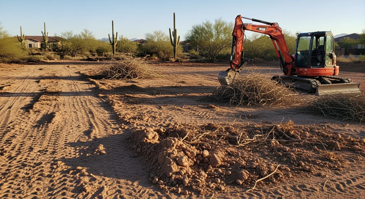 A cleared residential lot in Scottsdale, AZ with desert scrub and overgrown brush removed, showing open sandy soil and preserved native cacti along the property edge. A landscaping crew with equipment visible in the background prepares the site for a new landscape install.