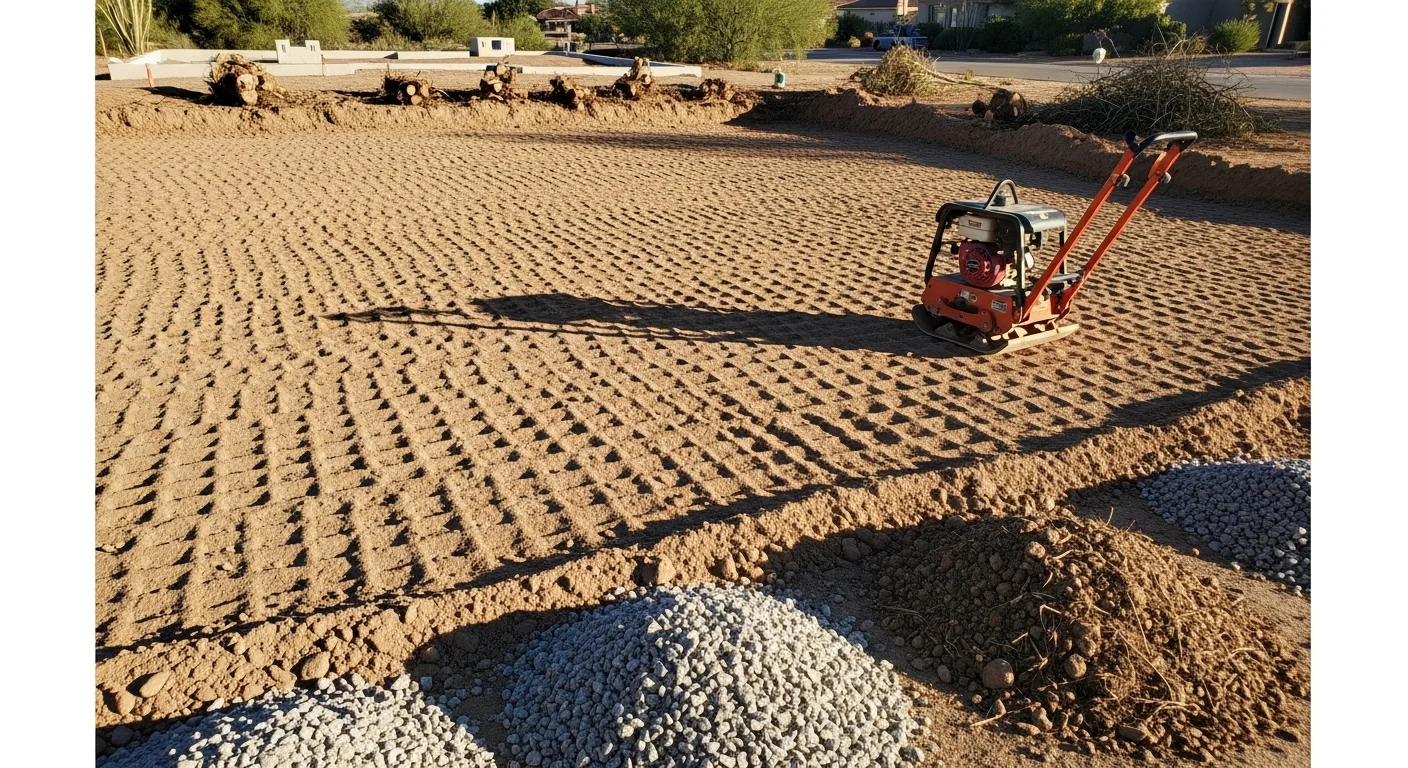 A Scottsdale residential yard after site preparation, showing freshly graded and compacted desert soil with a smooth, even slope ready for landscaping installation. Equipment tracks are visible across the cleared ground with a desert hillside visible in the background.
