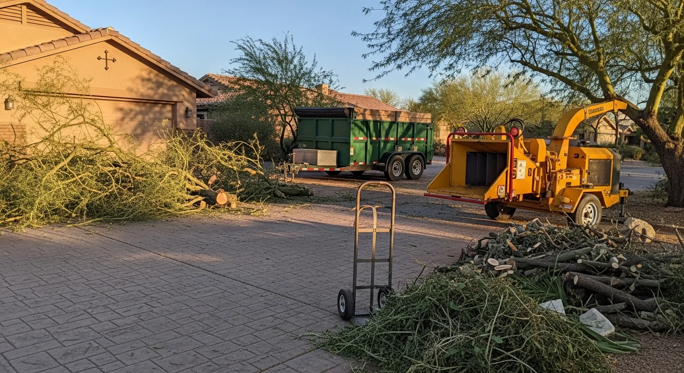 A Scottsdale AZ residential yard after monsoon storm cleanup, showing a cleared driveway and removed fallen tree limbs with no debris remaining on the property. A crew from Greenway Tree Services, LLC loads large branches into a truck parked at the curb.