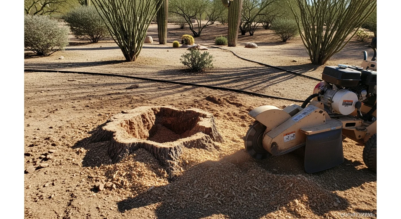A freshly ground tree stump in a Scottsdale, AZ residential backyard, with wood chip debris spread across the leveled desert soil. The surrounding gravel landscaping and block wall are undisturbed after the stump grinding service.