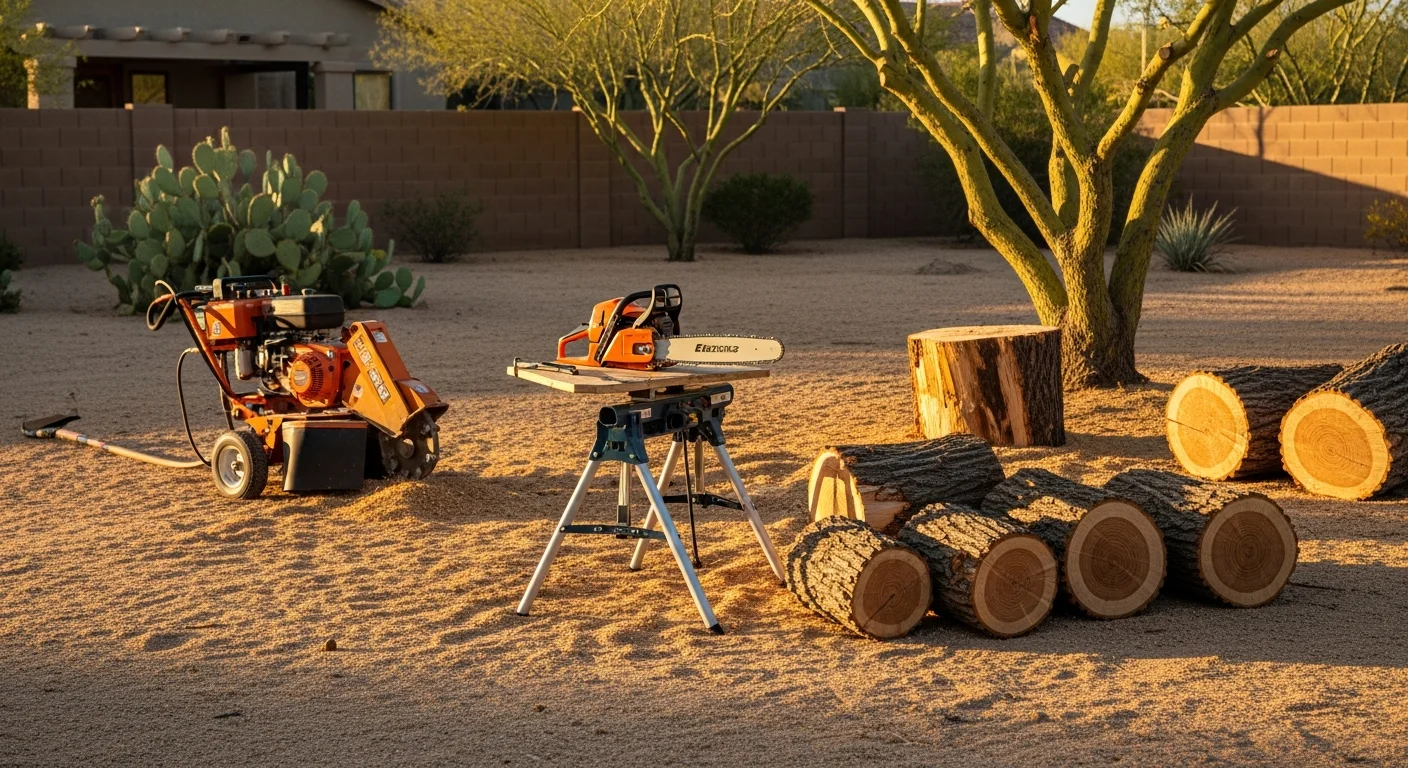 A Greenway Tree Services, LLC crew removing a large dead mesquite tree in a Scottsdale, AZ residential backyard. The tree has been sectioned near the trunk with cut limbs stacked on the ground beside a block wall.