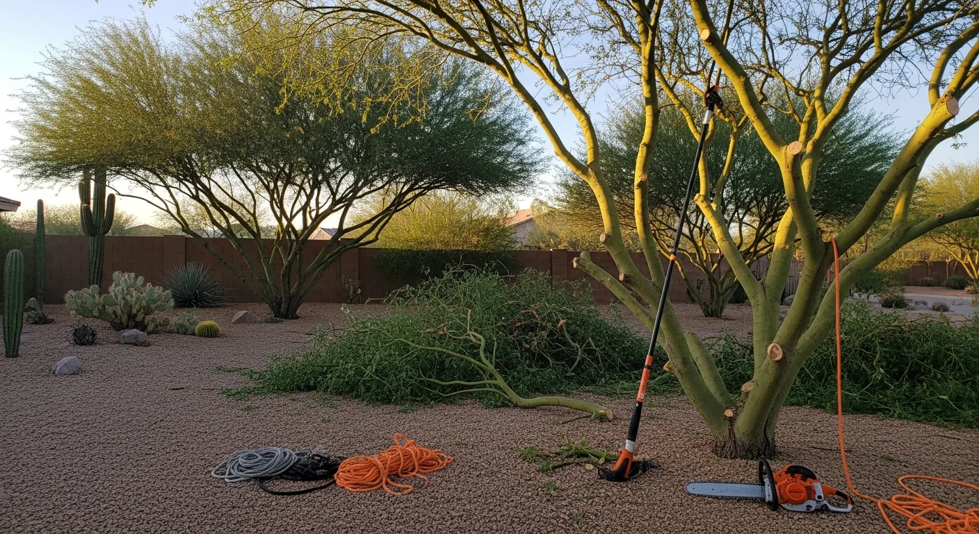 A Scottsdale, AZ residential property with a freshly trimmed palo verde tree showing an open, balanced canopy and cleared lower limbs. A crew member from Greenway Tree Services, LLC stands near the base with pruning equipment, with a desert landscape visible in the background.